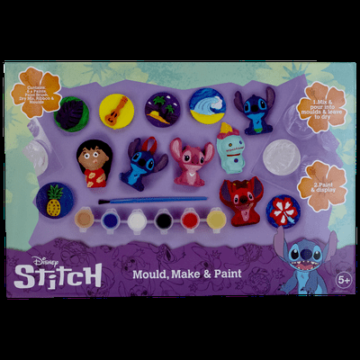 Disney Stitch Mould, Make & Paint kit with various character molds, paints, and a paintbrush.