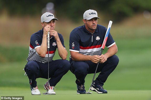 After winning the first hole, the team of Thomas (L) and Bryson DeChambeau (R) collapsed