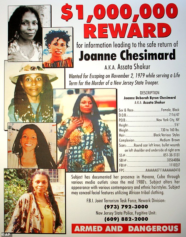 A photo of a reward poster announcing the $1million federal bounty for the capture of Chesimard is seen