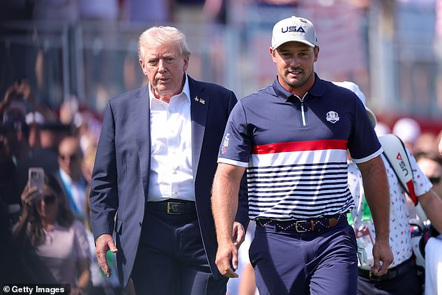 The president walks onto the first tee box with American golfer Bryson DeChambeau