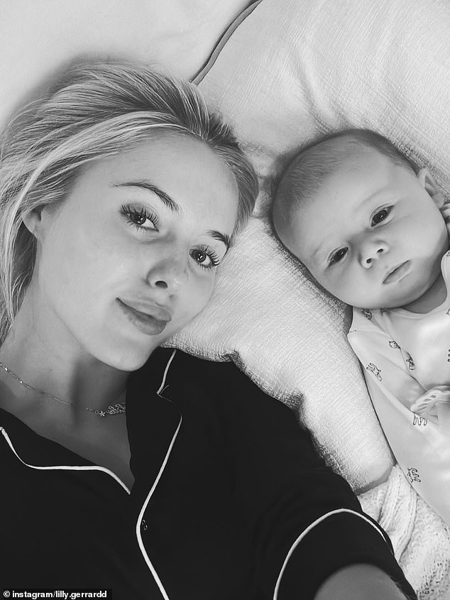 Alongside her post, Lilly penned: 'My little family'. In other pictures shared to her social media, Lilly posed for a selfie in bed alongside her newborn, Lila Grey