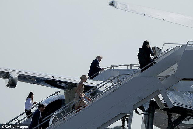 FARMINGDALE, NEW YORK - SEPTEMBER 26: U.S. President Donald Trump boards Air Force One at the Republic Airport after attending the Ryder Cup on September 26, 2025 in Farmingdale, New York. Trump spent the day attending the first day of the 2025 Ryder Cup.  (Photo by Anna Moneymaker/Getty Images)
