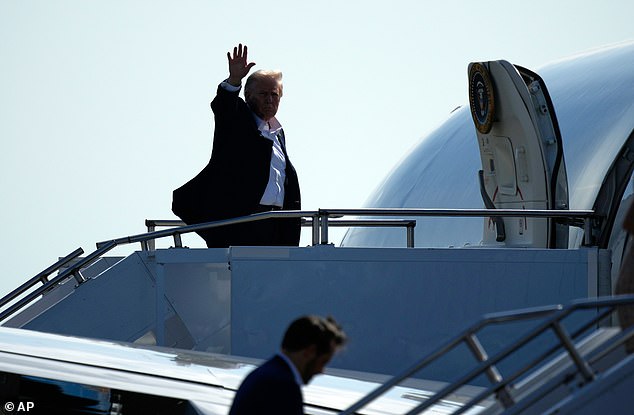President Donald Trump waves as he departs on Air Force One at Republic Airport, Friday, Sept. 26, 2025, in Farmingdale, N.Y., after attending the Ryder Cup golf tournament. (AP Photo/Alex Brandon)