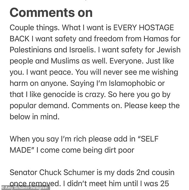 In a later post the comedian shared a note announcing she was opening up her comments section and 'accepting love and feedback'