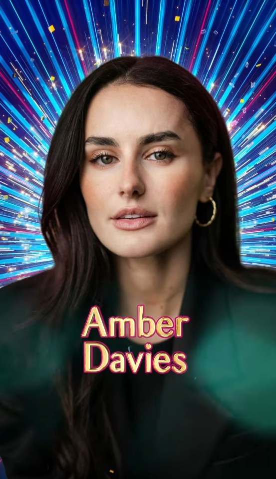 Amber Davies against a dynamic blue background with sparkling lights.