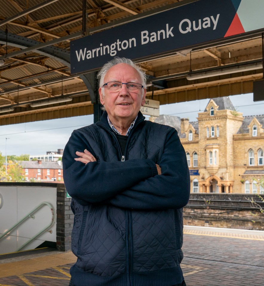 Peter Waterman OBE 78, a railway enthusiast, at Warrington Bank Quay Station.