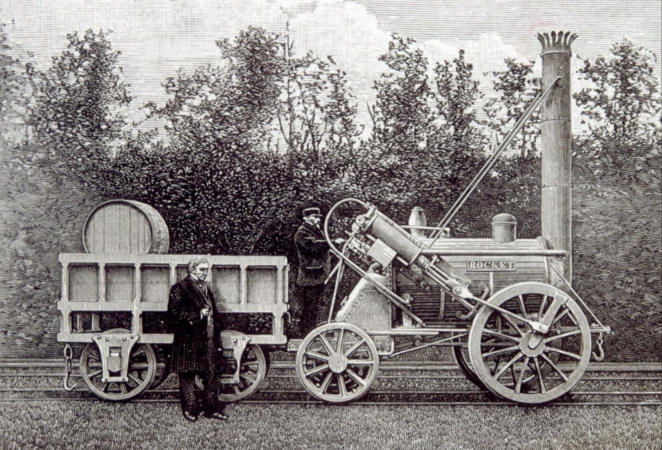 Illustration of the Rocket locomotive and a tender with two men, one operating the locomotive and the other standing beside the tender.