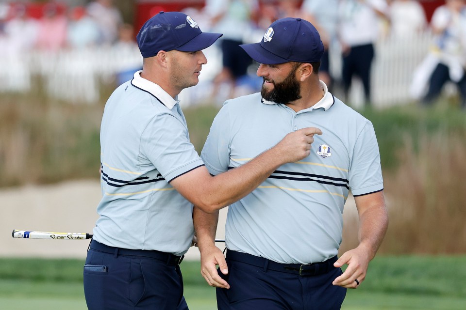 Sepp Straka and Jon Rahm of Team Europe celebrating their win during the Ryder Cup.