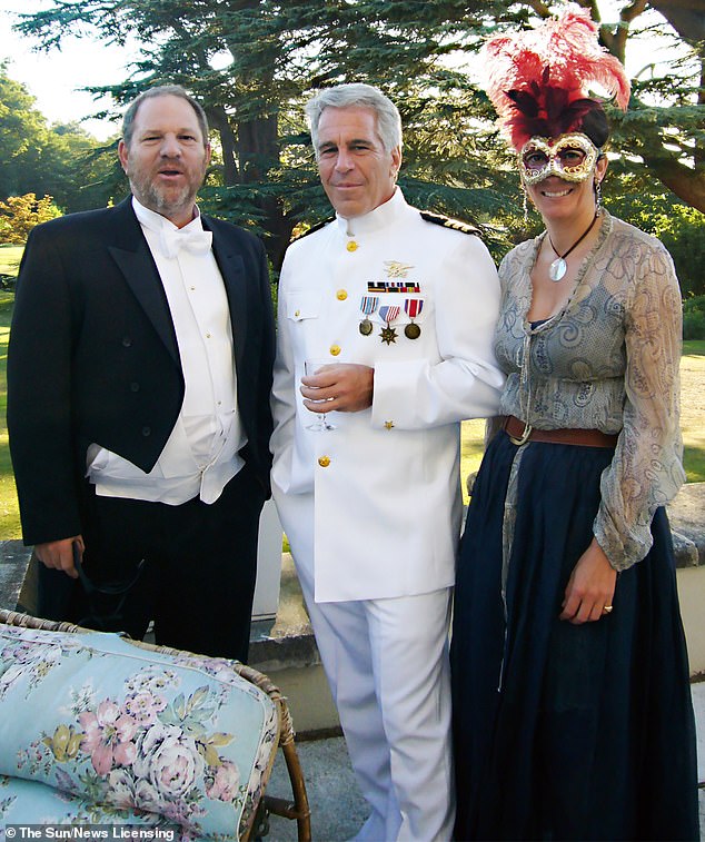 Epstein became a recognisable figure ¿ and name ¿ in the girls' childhoods, popping up as a guest at Beatrice's Victorian-themed 18th birthday party in July 2006. Epstein, dressed for the occasion as a decorated naval officer and standing between now disgraced Hollywood movie mogul Harvey Weinstein and a masked Ghislaine (pictured together)