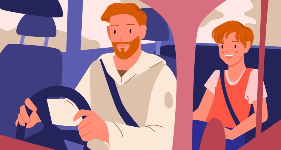 Collage of 8 illustrations of people driving cars, including men and women in various vehicles and settings.