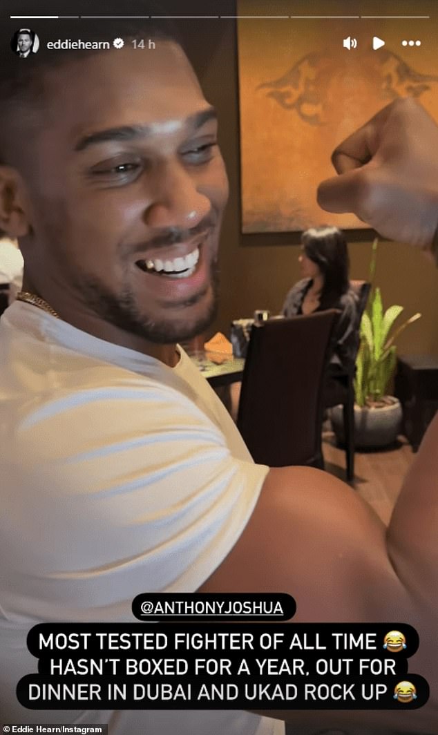 Hearn posted: 'Most tested fighter of all time. Hasn't boxed for a year. Out for dinner in Dubai and UKAD rock up.' AJ flexed and joked: 'Ed, they must have seen my chin ups'