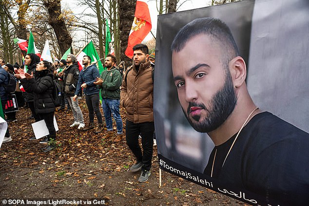Protesters in the Netherlands voicing their support for Iranian rapper Toomaj Salehi, who had his death sentence overturned last year