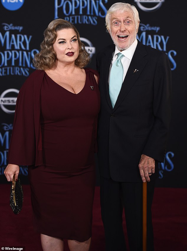 His wife Arlene Silver - whom he tied the knot with in 2012 - then cut in to add, 'He's outlived everybody. That's the curse of living to almost 100'; the actor seen with Silver in 2018 in L.A.