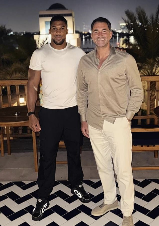 Eddie, 46, represents stars including Anthony Joshua (pictured) and Canelo Alvarez and spends his time jetting around the world promoting fights while living mainly in Monaco
