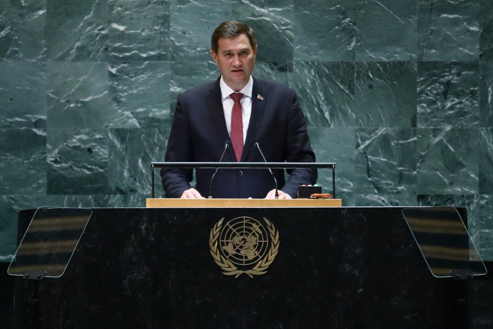 Belarus' Minister for Foreign Affairs Maxim Ryzhenkov speaks at the United Nations General Assembly.