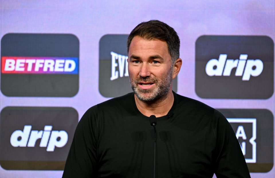Promoter Eddie Hearn speaking at a media conference.