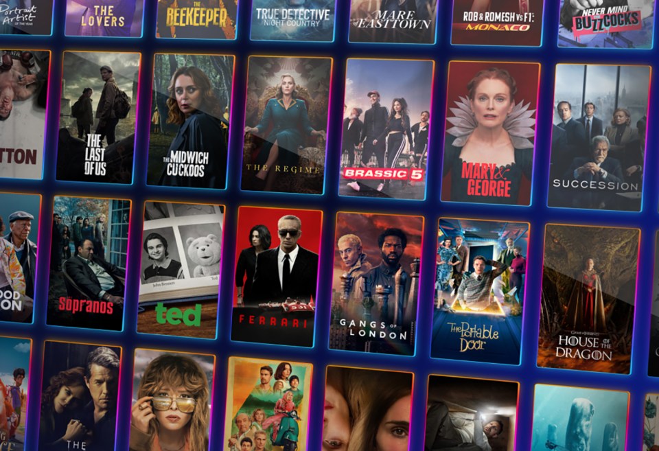 A grid of television show and movie title cards from Sky TV.