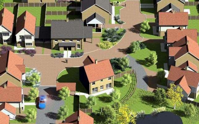 Illustration of a planned housing development with houses, roads, and green spaces.
