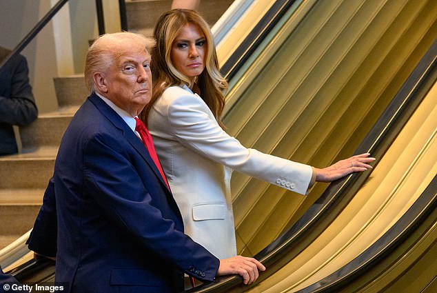 However as Trump and wife Melania began making their way to an upper level, the escalator came to a sudden halt (seen above on Tuesday)