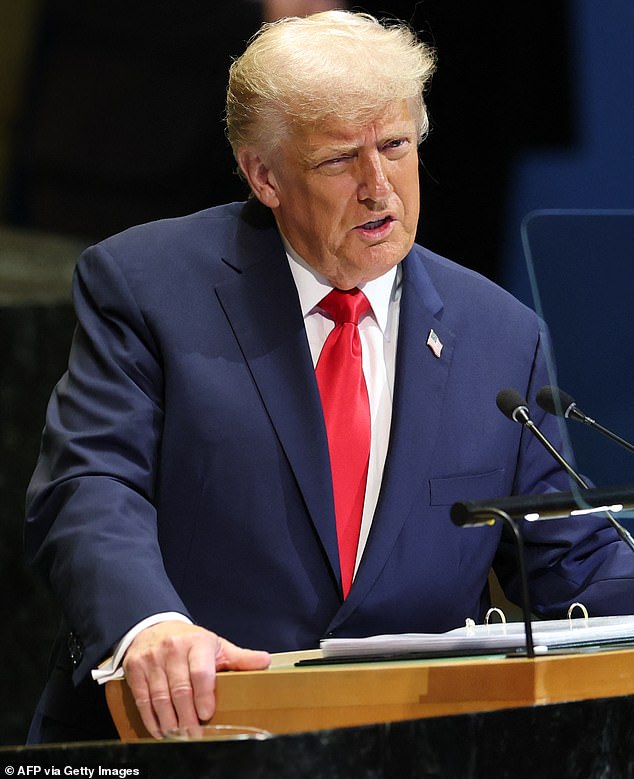 During his speech, Trump mentioned the mishap and said, 'All I got from the United Nations was an escalator that, on the way up, stopped right in the middle'; seen on Tuesday