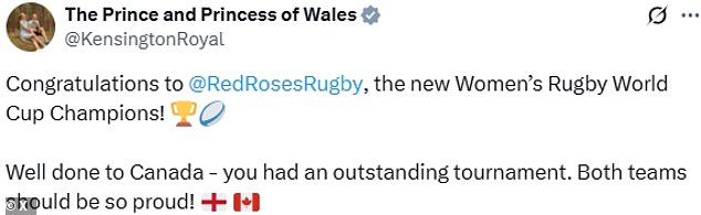 The Prince and Princess of Wales also took to X after the clock went red to praise both England and Commonwealth nation Canada