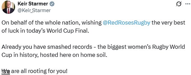 The British premier had wished the ladies good luck on the social media platform before kick-off too