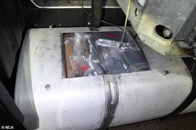One of the two lorries intercepted on 12 August, contained 142 kilos of cocaine and 25 kilos of heroin hidden inside a modified fuel tank (above)
