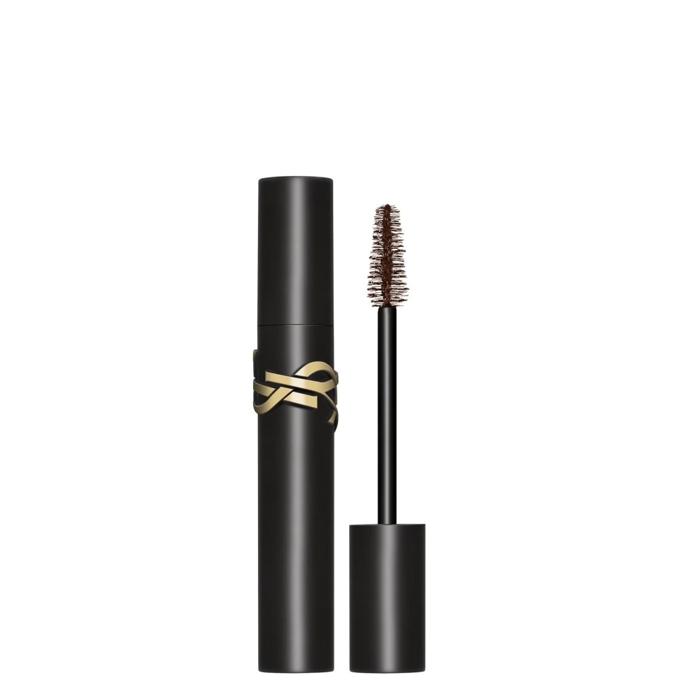 Yves Saint Laurent brown mascara in a black tube with a gold YSL logo.