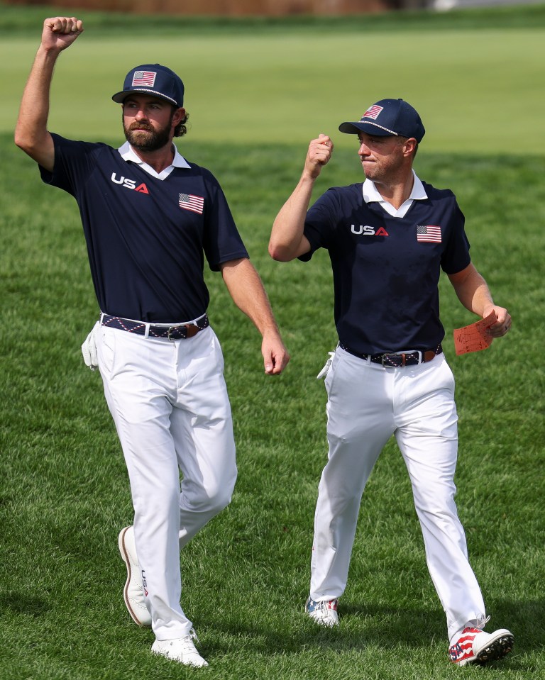 Cameron Young and Justin Thomas celebrating on the golf course.