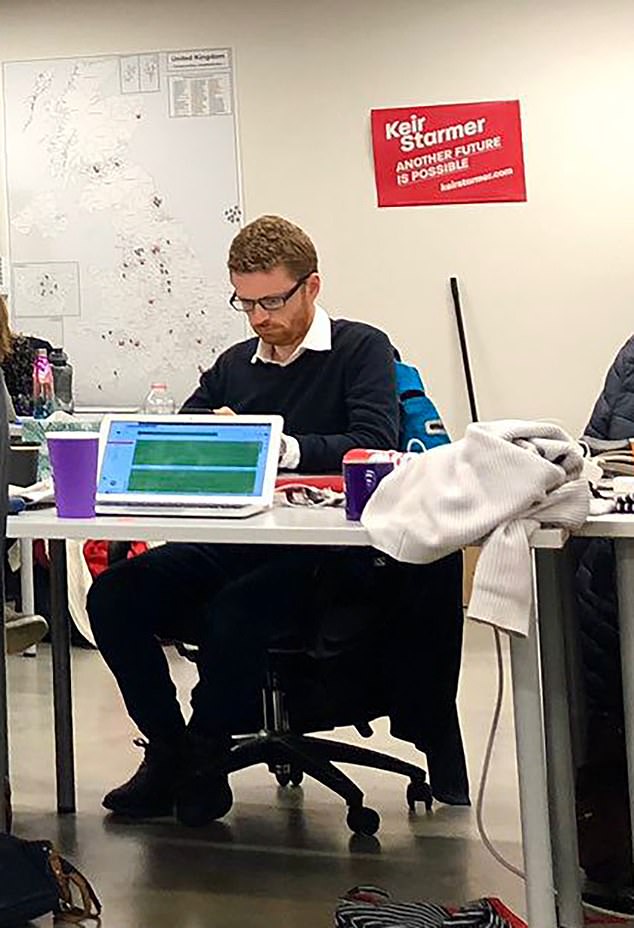 Mr McSweeney is pictured working at Sir Keir’s campaign HQ during the Labour leadership contest in 2020