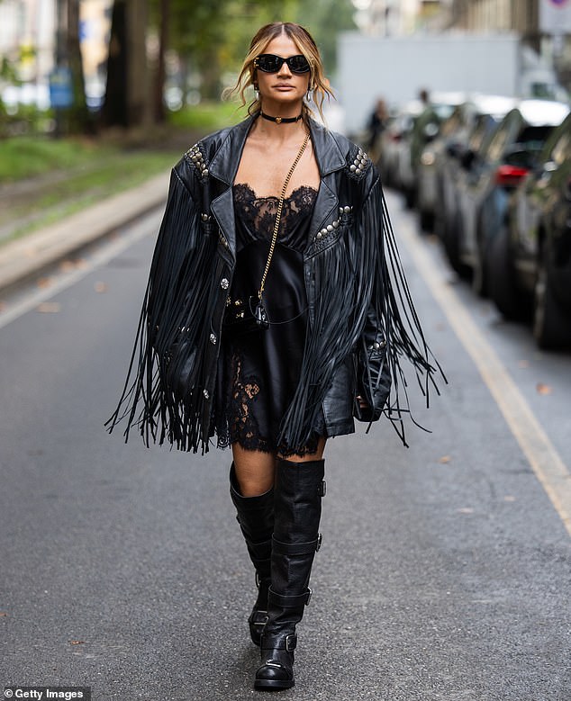 Thassia Naves looked phenomenal in a black dress layered under a dramatic leather jacket, which featured tasseled sleeves