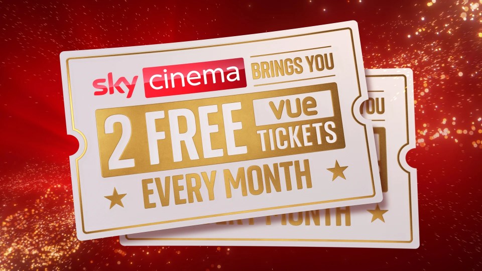 Illustration of two white and gold cinema tickets for Sky Cinema and Vue, offering "2 FREE Vue TICKETS EVERY MONTH."