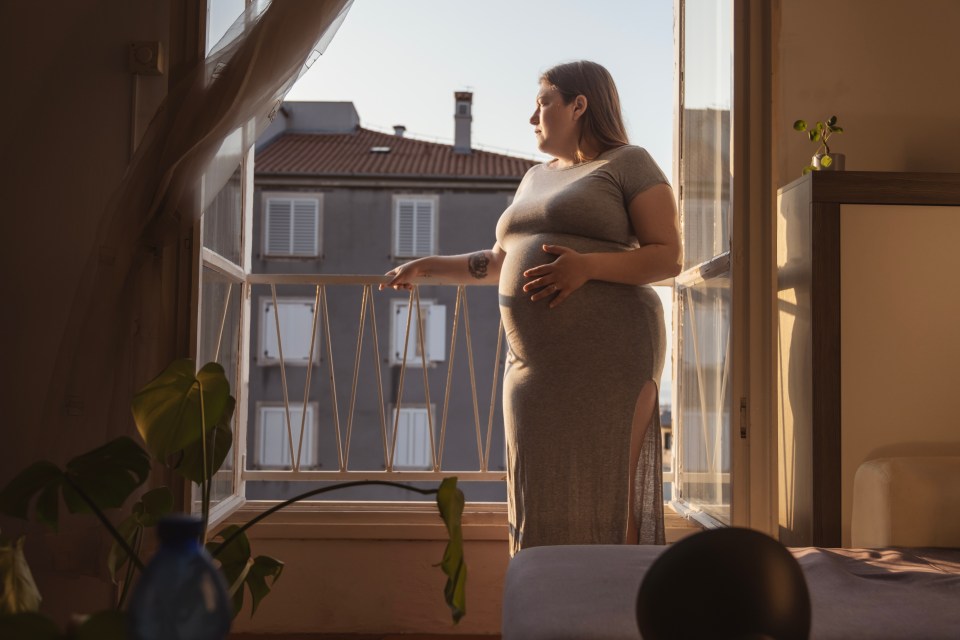 A pregnant woman stands by a window, gazing at the sunset.