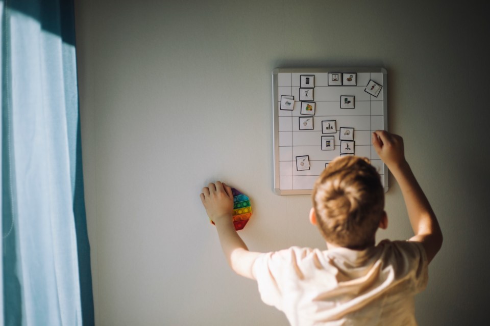 A boy with autism holding a rainbow Pop It toy while interacting with a visual aid whiteboard.