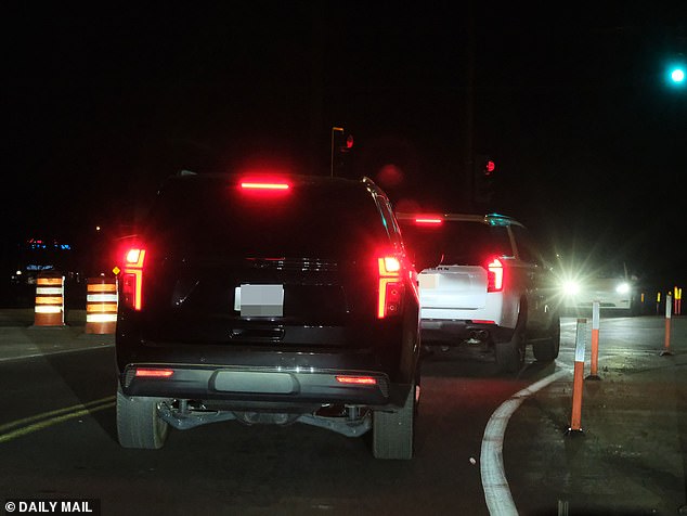 Just after 11.30pm on Saturday , the golden-haired stunner’s three car convoy was seen speeding away