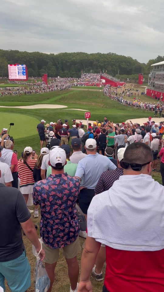 A large crowd of people watches a golf tournament from a hill.