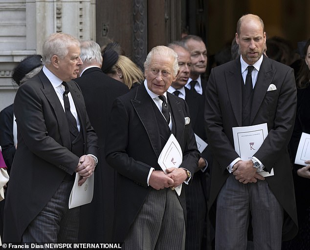 King Charles also wants Andrew and Fergie to be 'invisible' at future events, sources claim. It comes after they made a less than discreet appearance at the Duchess of Kent's funeral. Pictured: Andrew, Charles and William at the funeral
