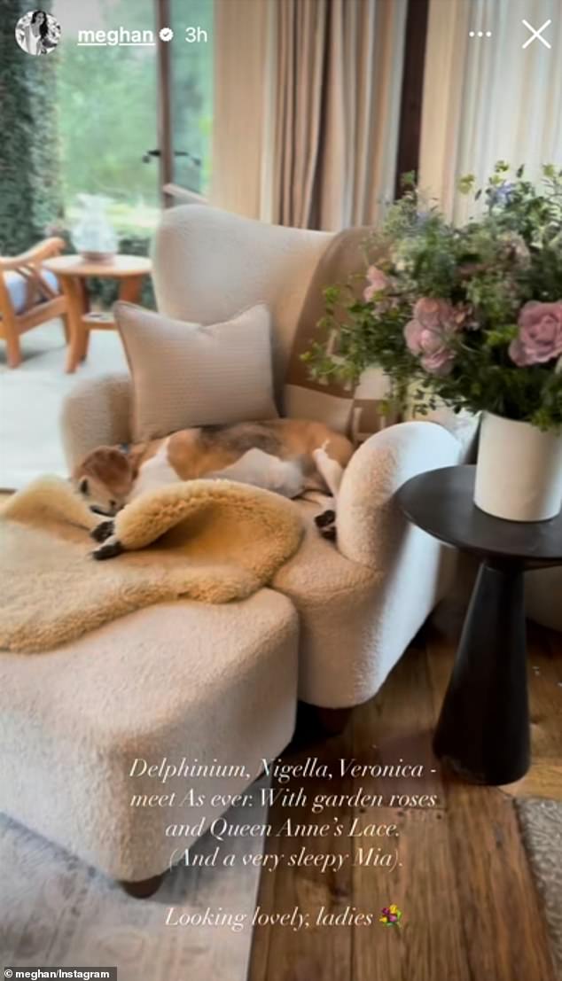 The eye-catching flowers were placed in a white stone vase, embellished with the logo from Meghan's lifestyle brand, As Ever