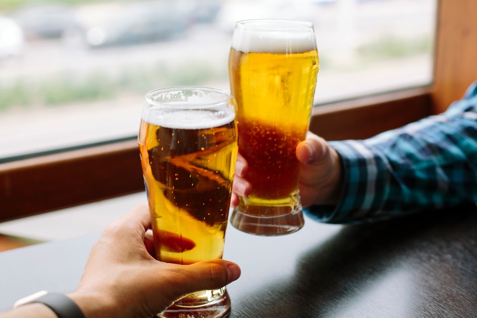 Two men holding up pint glasses filled with beer, making a toast.