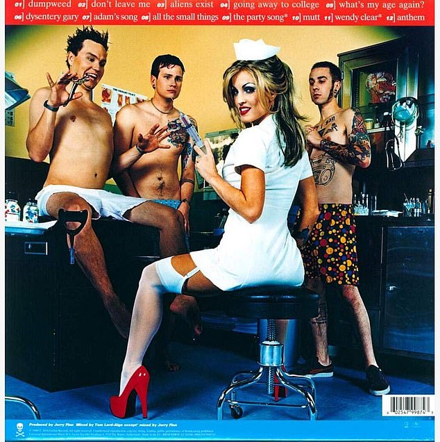 Janine Lindemulder is seen above in artwork from the 1999 album. Travis Barker, Mark Hoppus, and Tom DeLonge famously posed in nothing but their boxers