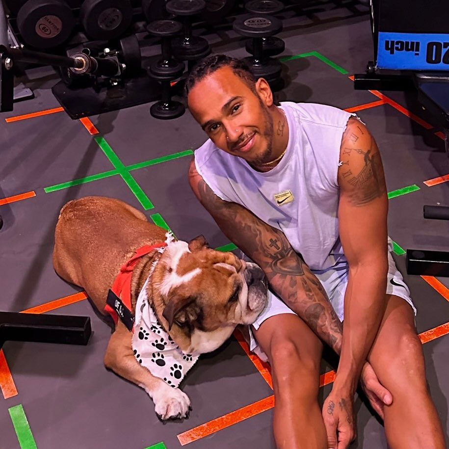Lewis Hamilton and his bulldog Roscoe on the floor of a gym.