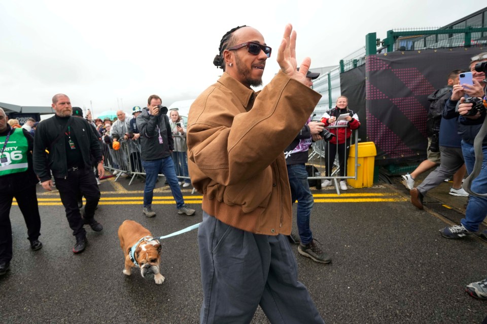 Lewis Hamilton cheering fans while walking his dog, Roscoe, at Silverstone racetrack.