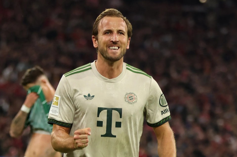 Harry Kane of Bayern Muenchen celebrates after scoring a goal.