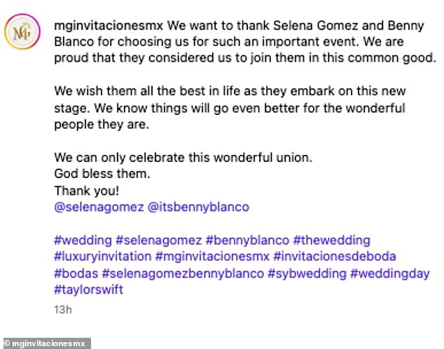 The invite read: 'Together with their families Selena Marie Gomez and Benjamin Joseph Levin cordially invite you to their wedding.' The date and venue followed