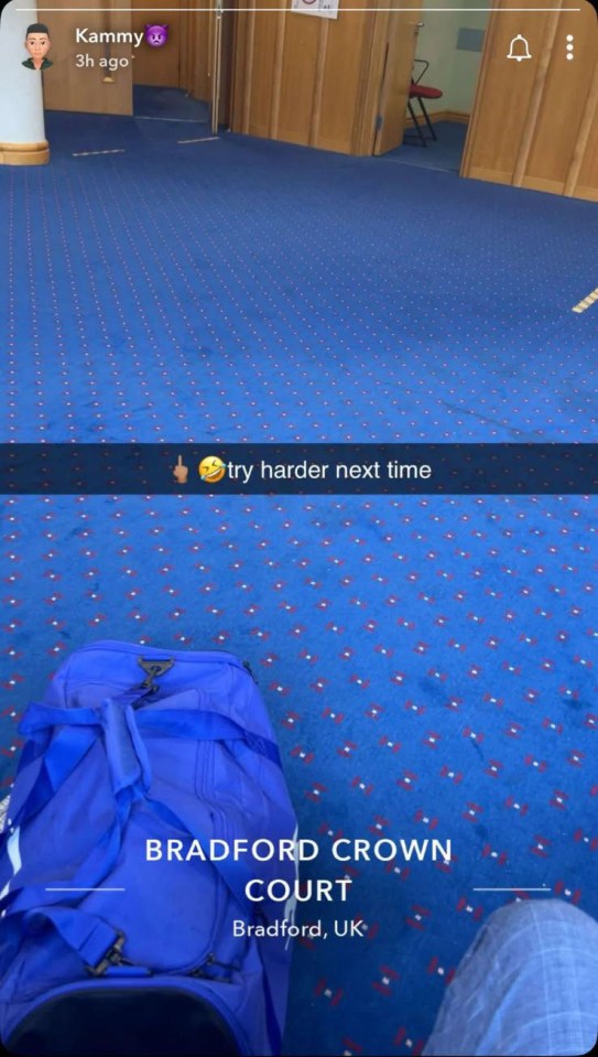 A Snapchat post from "Kammy" with a selfie, devil emoji, and text "3h ago" with the message "try harder next time" over a blue patterned carpet, and "BRADFORD CROWN COURT Bradford, UK" at the bottom.