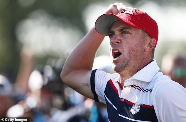 FARMINGDALE, NEW YORK - SEPTEMBER 28: Justin Thomas of Team United States reacts after a birdie on the 11th green during the Sunday singles matches of the 2025 Ryder Cup at Black Course at Bethpage State Park Golf Course on September 28, 2025 in Farmingdale, New York. (Photo by Jared C. Tilton/Getty Images)