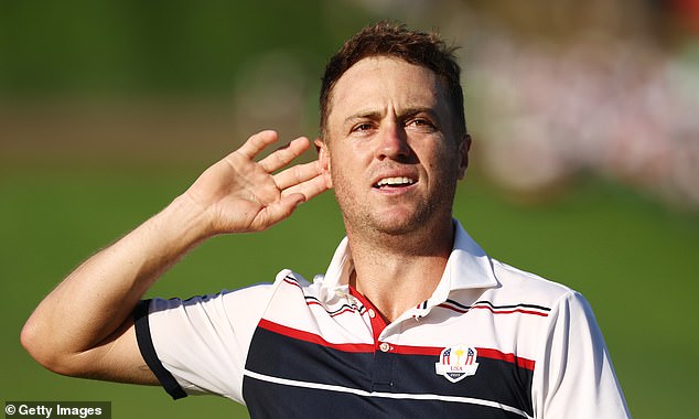 FARMINGDALE, NEW YORK - SEPTEMBER 28: Justin Thomas of Team United States reacts to making his putt for birdie to defeat Tommy Fleetwood of Team Europe 1UP on the 18th hole during the Sunday singles matches of the 2025 Ryder Cup at Black Course at Bethpage State Park Golf Course on September 28, 2025 in Farmingdale, New York. (Photo by Jared C. Tilton/Getty Images)