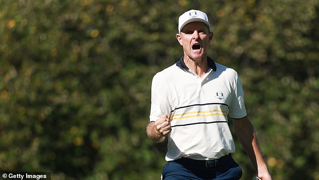 FARMINGDALE, NEW YORK - SEPTEMBER 28: Justin Rose of Team Europe celebrates after a birdie putt on the 14th green during the Sunday singles matches of the 2025 Ryder Cup at Black Course at Bethpage State Park Golf Course on September 28, 2025 in Farmingdale, New York. (Photo by Carl Recine/Getty Images)
