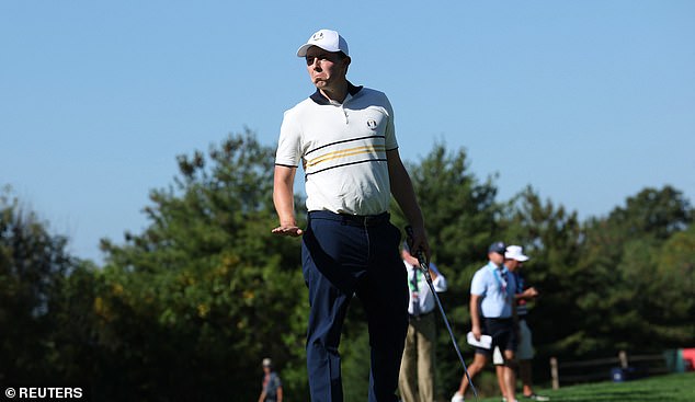 Golf - The 2025 Ryder Cup - Bethpage Black Golf Course, Farmingdale, New York, United States - September 28, 2025 Team Europe's Matt Fitzpatrick gestures to the crowd after holing his putt on the 12th hole during the singles REUTERS/Brendan Mcdermid