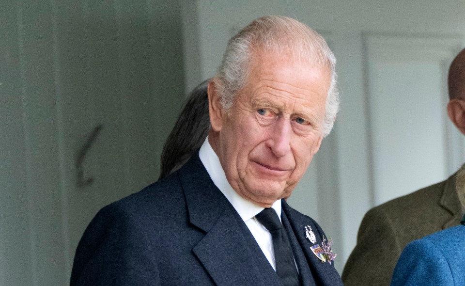 King Charles III in a dark suit, white shirt, and black tie, with a pin of purple flowers and a brooch on his lapel, looking down and to the right.